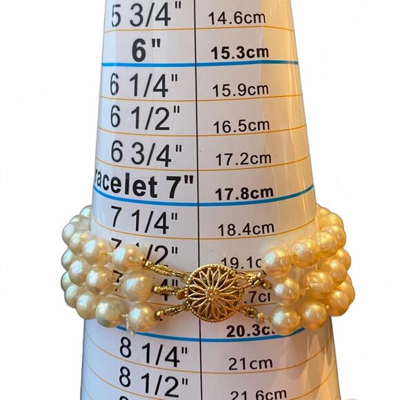 8" Triple Strand Freshwater Pearl Bracelet 14k GP Floral - Picture 9 of 10